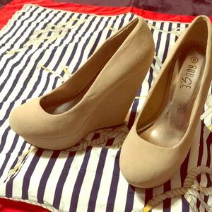 Beige suede platform wedge high heels size 8